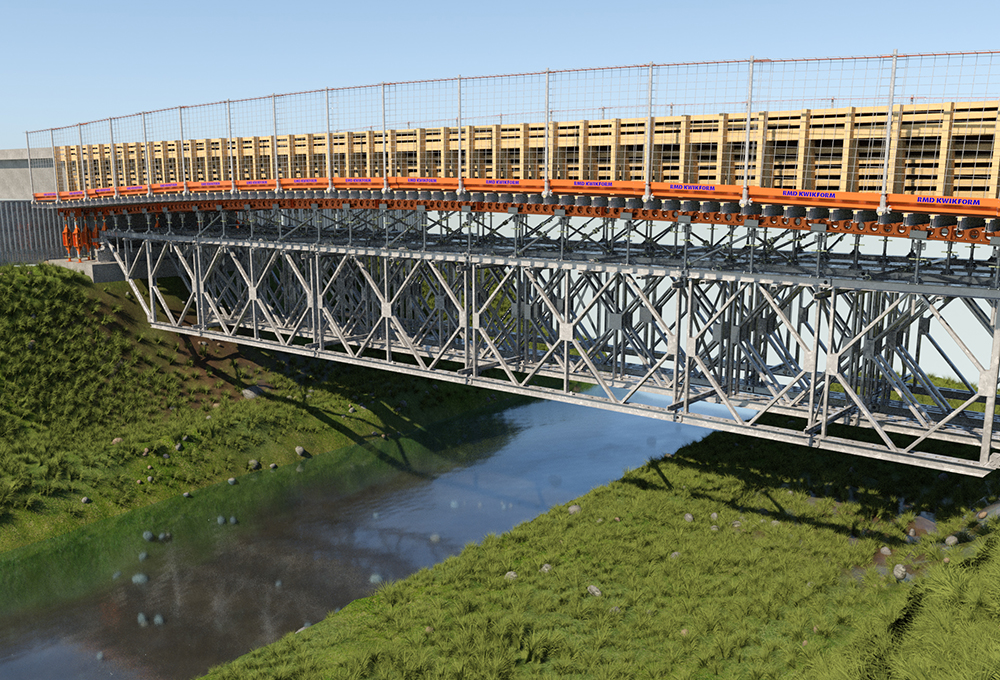 The R800 allows construction of clear spanning and bridging structures by enabling long lattice girders to be assembled quickly and safely (image courtesy RMD Kwikform)