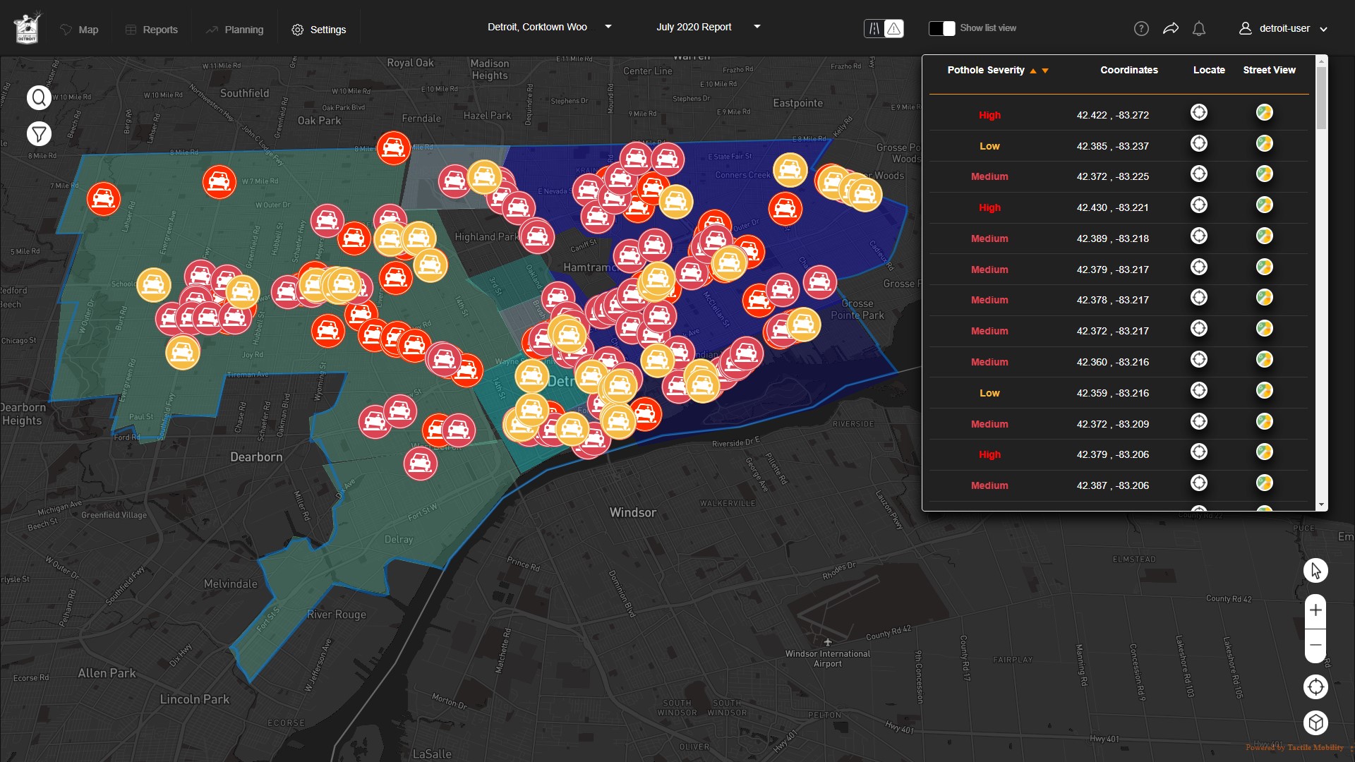 With a map that shows the locations and severity of potholes - generated from tactile data transmitted from vehicles – road agencies can identify new and deteriorating potholes and dispatch maintenance teams in a timely fashion. Similar maps are usually created manually based on reports from citizens and city workers.