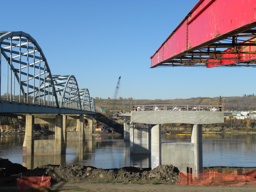 Nose assembly for deck launch points out towards the piers, with old bridge to the left