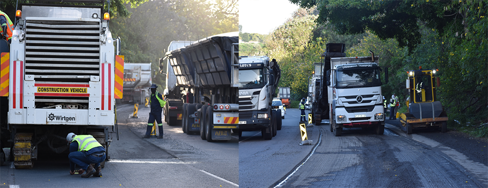 Figure 4.1 (top): Milling of existing 160mm asphalt, Figure 4.2 (bottom): Reclaimed asphalt transported