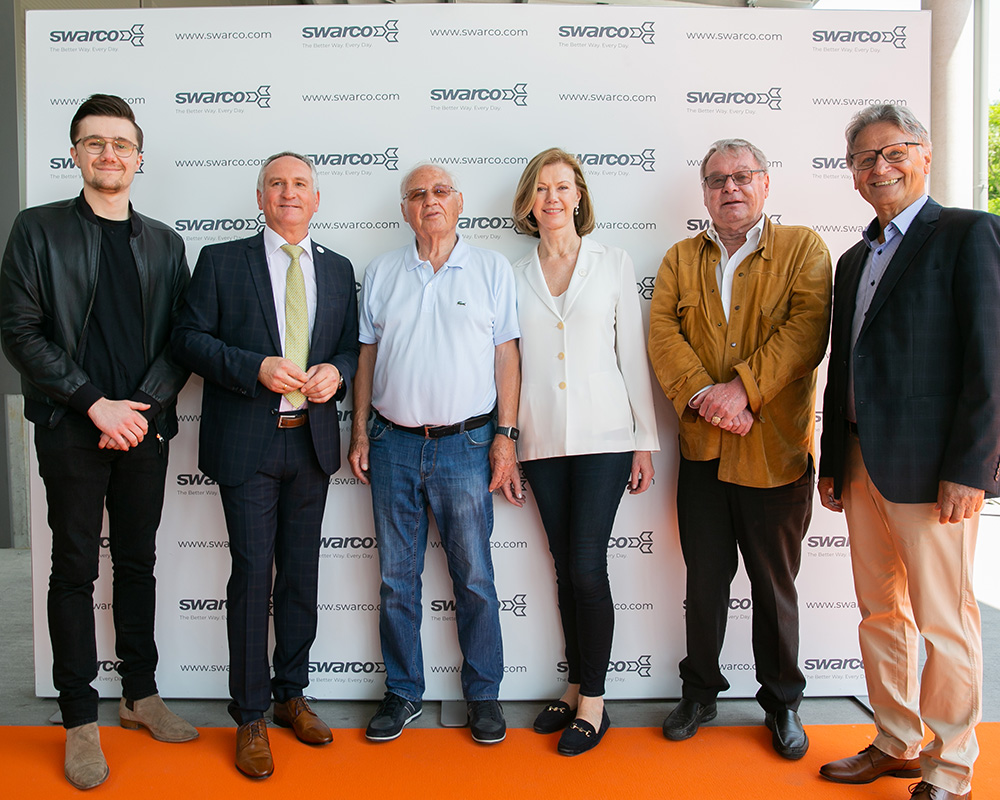 200 years of Swarco experience in one photo: from left: Manfred Swarovski jr., Richard Neumann (moderator), Wilhelm Krejcy (road marking contracting legend), Elisabeth Swarovski (Swarco Supervisory Board), Josef Prettenhofer (long time managing director in Amstetten), and Hans Jesacher (glass bead sales champion)