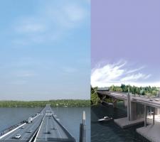 View of the new floating bridge transitions to the fixed east approach bridge.