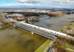 Kontent Structures installed an 18.5m-wide by 335m-long tent along the entire length of a bridge over the Rhine River in Karlsruhe, Germany, for work to continue regardless of weather (image courtesy Kontent Structures)