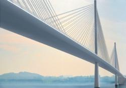 An artist's impression of (selected design) the cable-stayed new Forth road bridge showing two of the three mono towers.