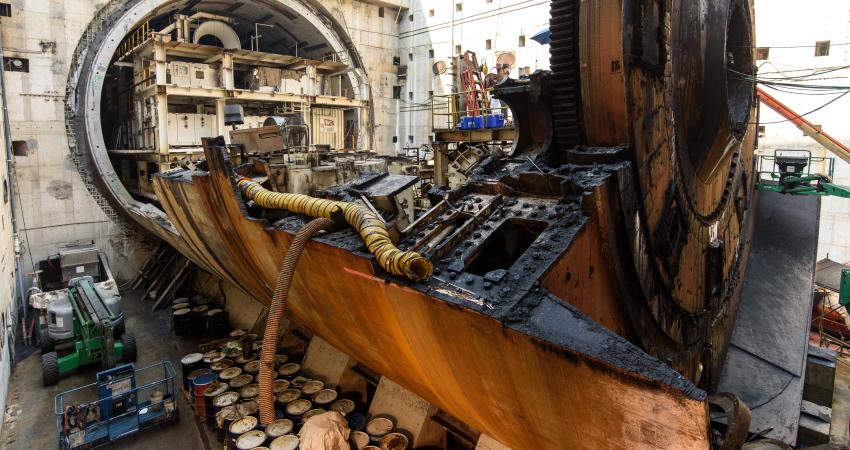 Trailing support gear was dismantled from the rear of the TBM train and carted back down the tunnel to south launch portral (photo WSDoT).jpg