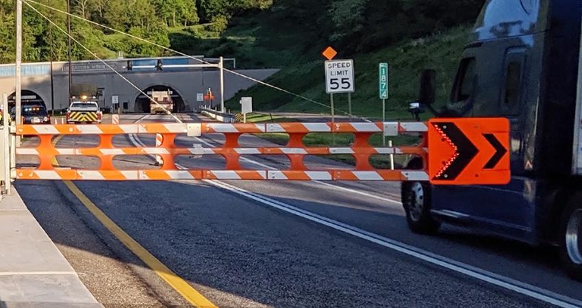 Two series of SwiftGate HSG-18CW automated gate systems facilitate the lane shifts during lane closure in the Tuscarora Mountain Tunnel