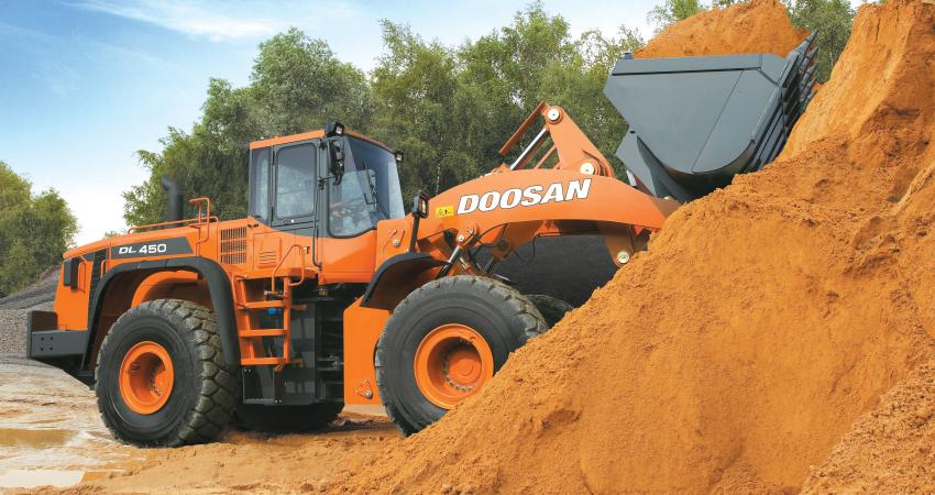 Doosan loader hauling sand