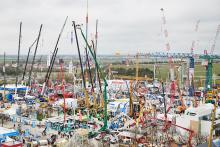 Once again, visitors to bauma in Munich, can look forward to the famous “crane forest” with more than 30 cranes towering above the crowds (image courtesy Messe München)