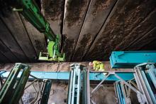 The metal support structure below the M1 after fire damage