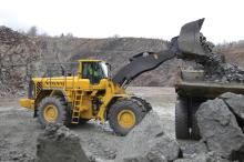 Volvo CE wheeled loader transports the granite in south indian villages