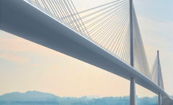 An artist's impression of (selected design) the cable-stayed new Forth road bridge showing two of the three mono towers.